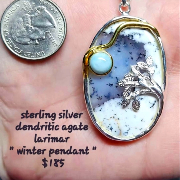 Winter pendantLarimar, gold, sterling silver,dendriticagate .